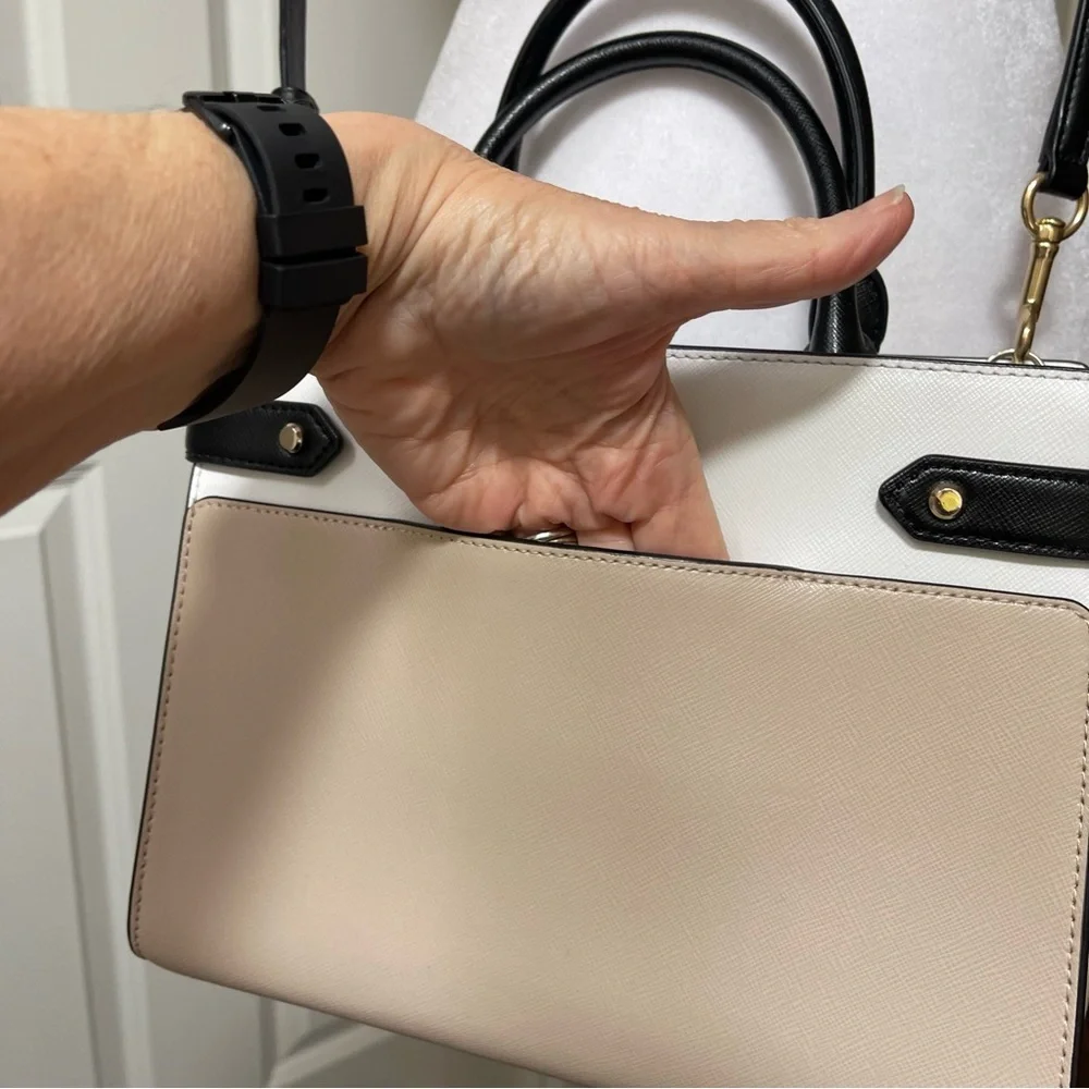 Kate Spade Staci Medium Satchel Crossbody Saffiano Leather Tan White Black